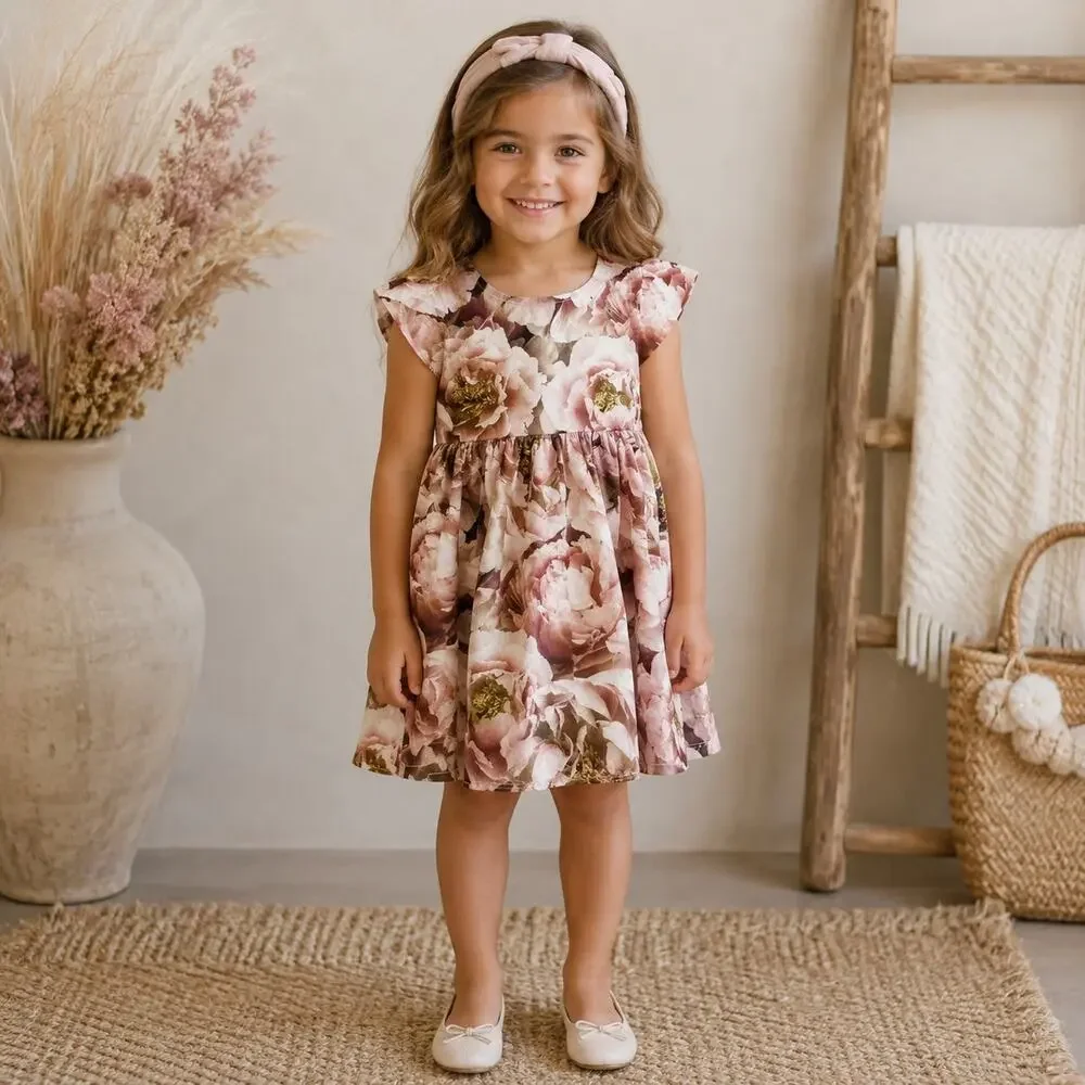 Molo Maroon Pink White Floral Girls Dress 12 Months